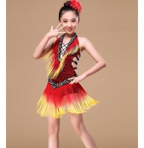 Red leopard yellow  v neck backless gradient fringes girls kids children performance competition professional latin salsa cha cha samba dance dresses outfits